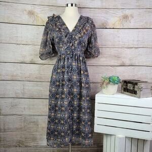 Object Puff‎ Sleeve Button V Neck Paisley Dress 38